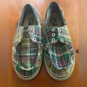 Vans Blue Red Green Plaid Boat Shoes Loafers Lace Up Slip On Womens 8.5 no laces